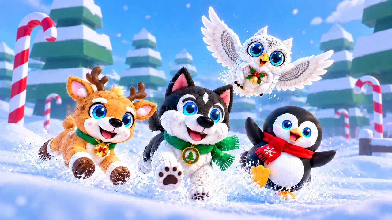 Reindeer, husky, snowy owl and penguin companions playing in the snow