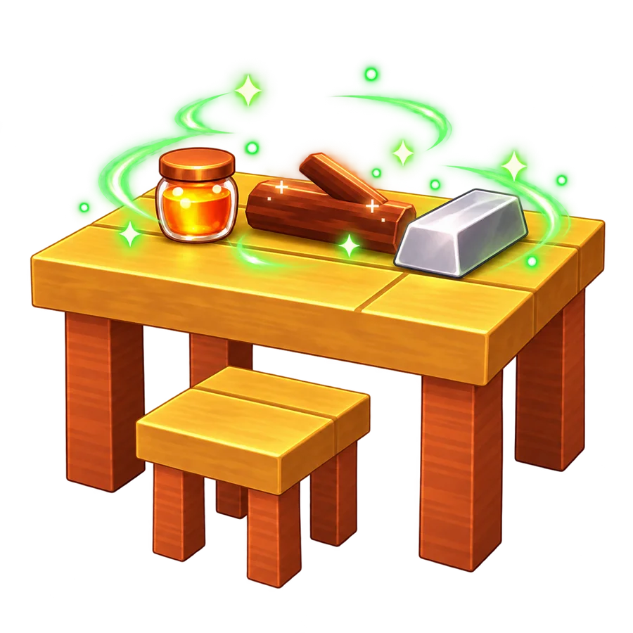 A crafting table with sap, wood and Elf Iron on it