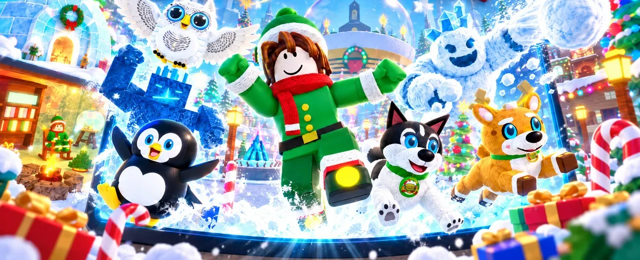 Elfborne heroes cheering in the snowy village with their penguin, husky and reindeer companions