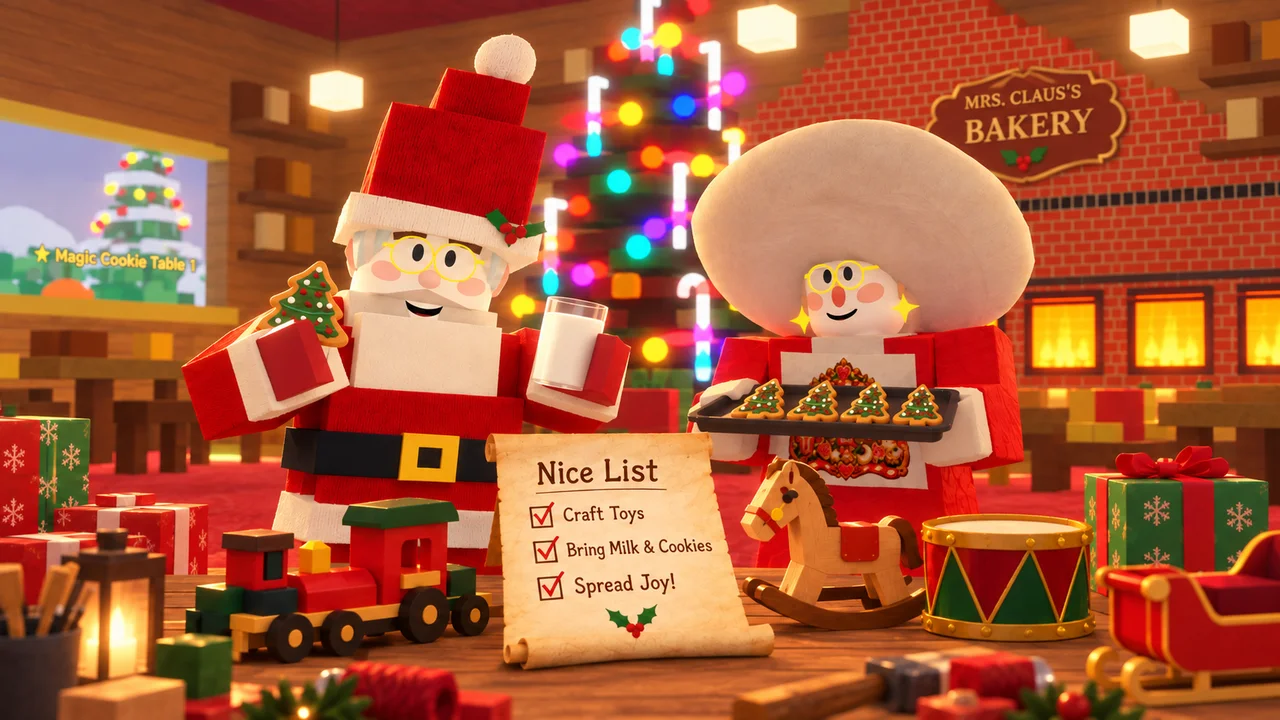 Santa and Mrs. Claus in her bakery with cookies, milk and the Nice List