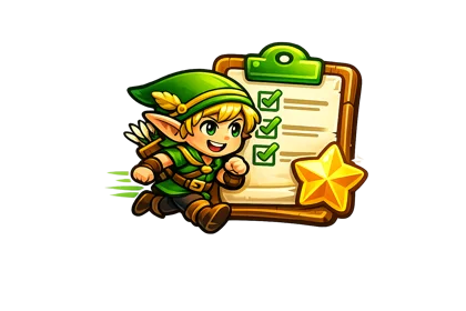 An elf running past a checklist with a gold star