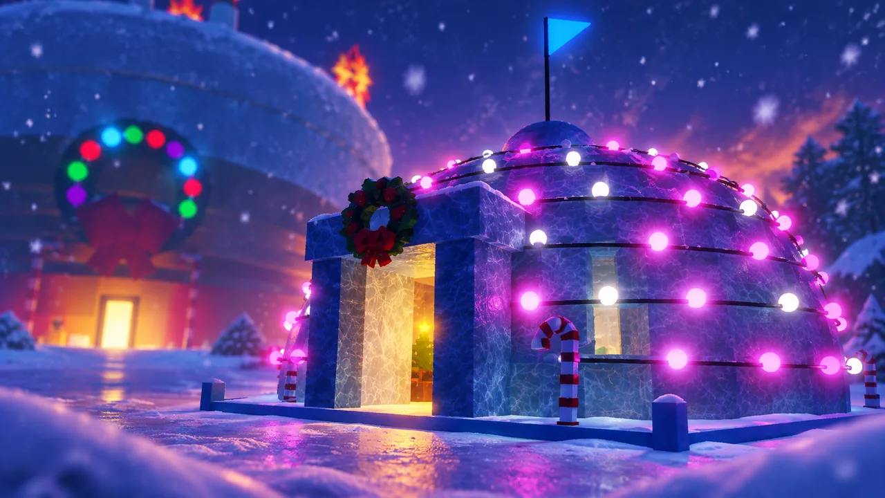 An igloo decorated with string lights and a wreath at night
