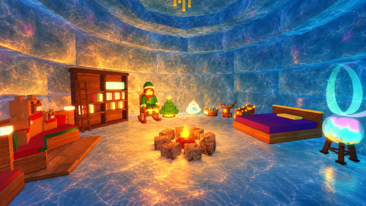 Inside a cozy igloo with a fire ring, bed and a trading booth